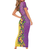 Hawaii Mardi Gras Short Sleeve Bodycon Dress Plumeria Lei Beads Glitter Style LT05 - Polynesian Pride