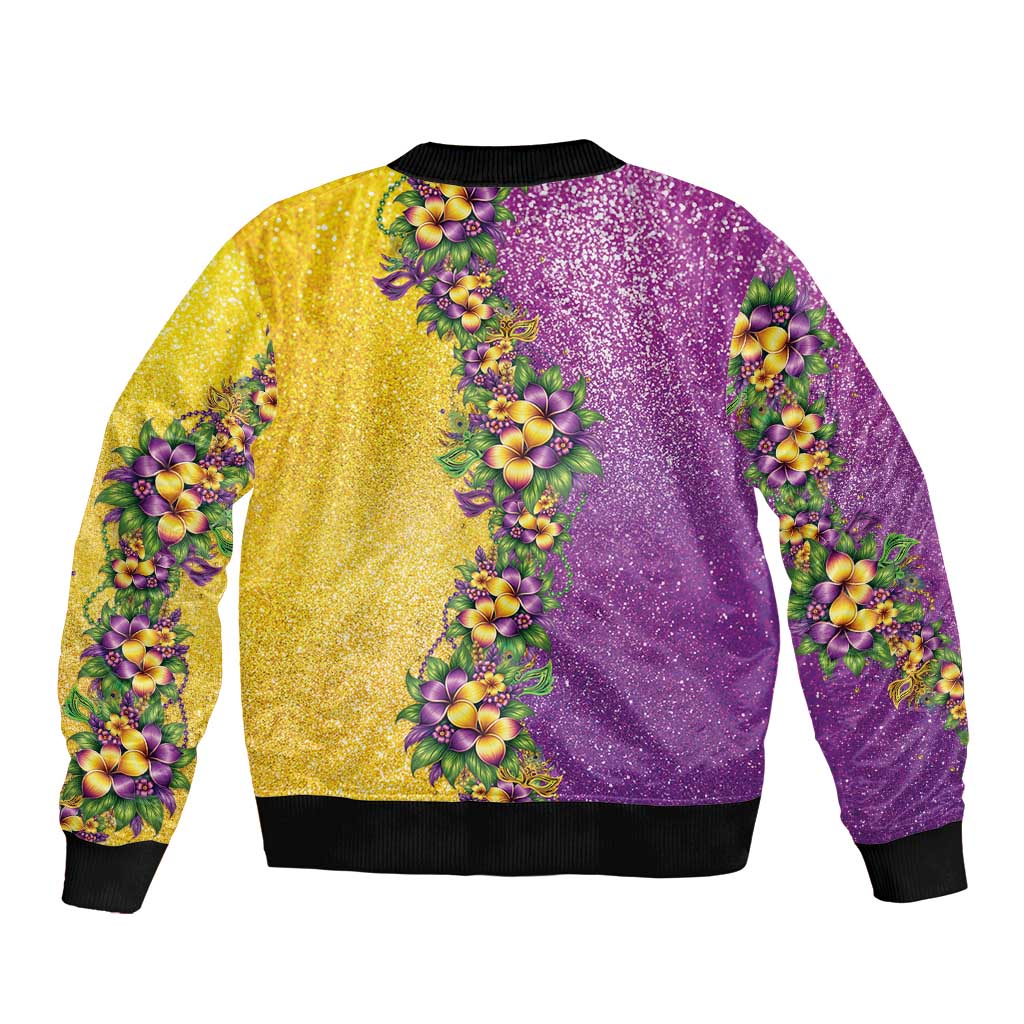 Hawaii Mardi Gras Sleeve Zip Bomber Jacket Plumeria Lei Beads Glitter Style LT05 - Polynesian Pride