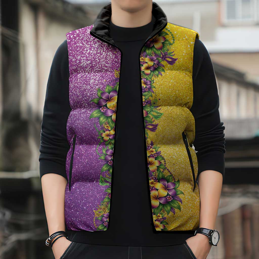 Hawaii Mardi Gras Sleeveless Puffer Jacket Plumeria Lei Beads Glitter Style LT05 - Polynesian Pride