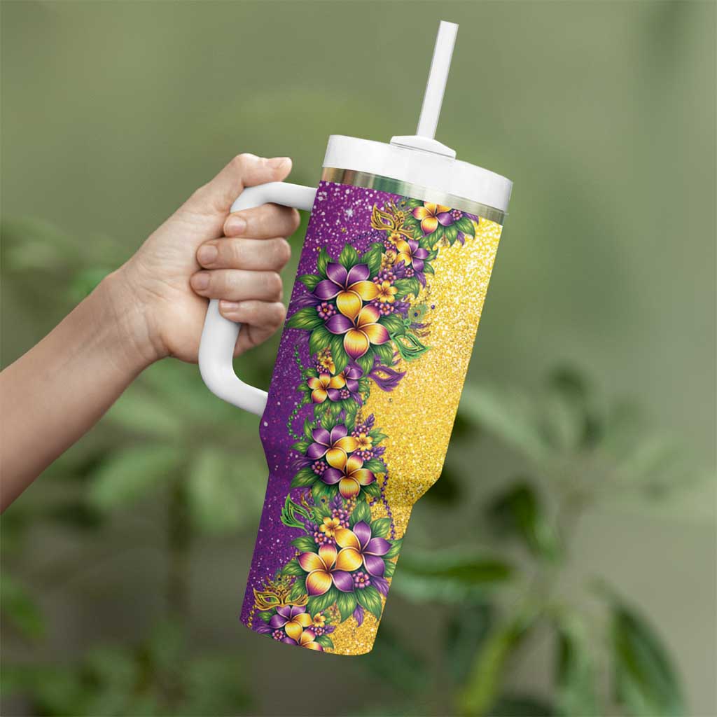 Hawaii Mardi Gras Tumbler With Handle Plumeria Lei Beads Glitter Style LT05 - Polynesian Pride