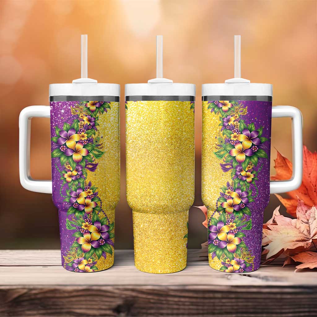 Hawaii Mardi Gras Tumbler With Handle Plumeria Lei Beads Glitter Style LT05 - Polynesian Pride