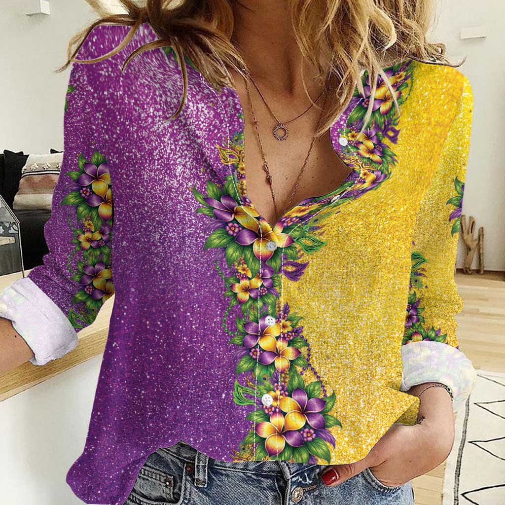 Hawaii Mardi Gras Women Casual Shirt Plumeria Lei Beads Glitter Style LT05 Female Colorful - Polynesian Pride