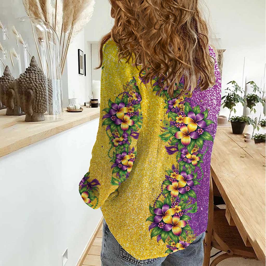 Hawaii Mardi Gras Women Casual Shirt Plumeria Lei Beads Glitter Style LT05 - Polynesian Pride