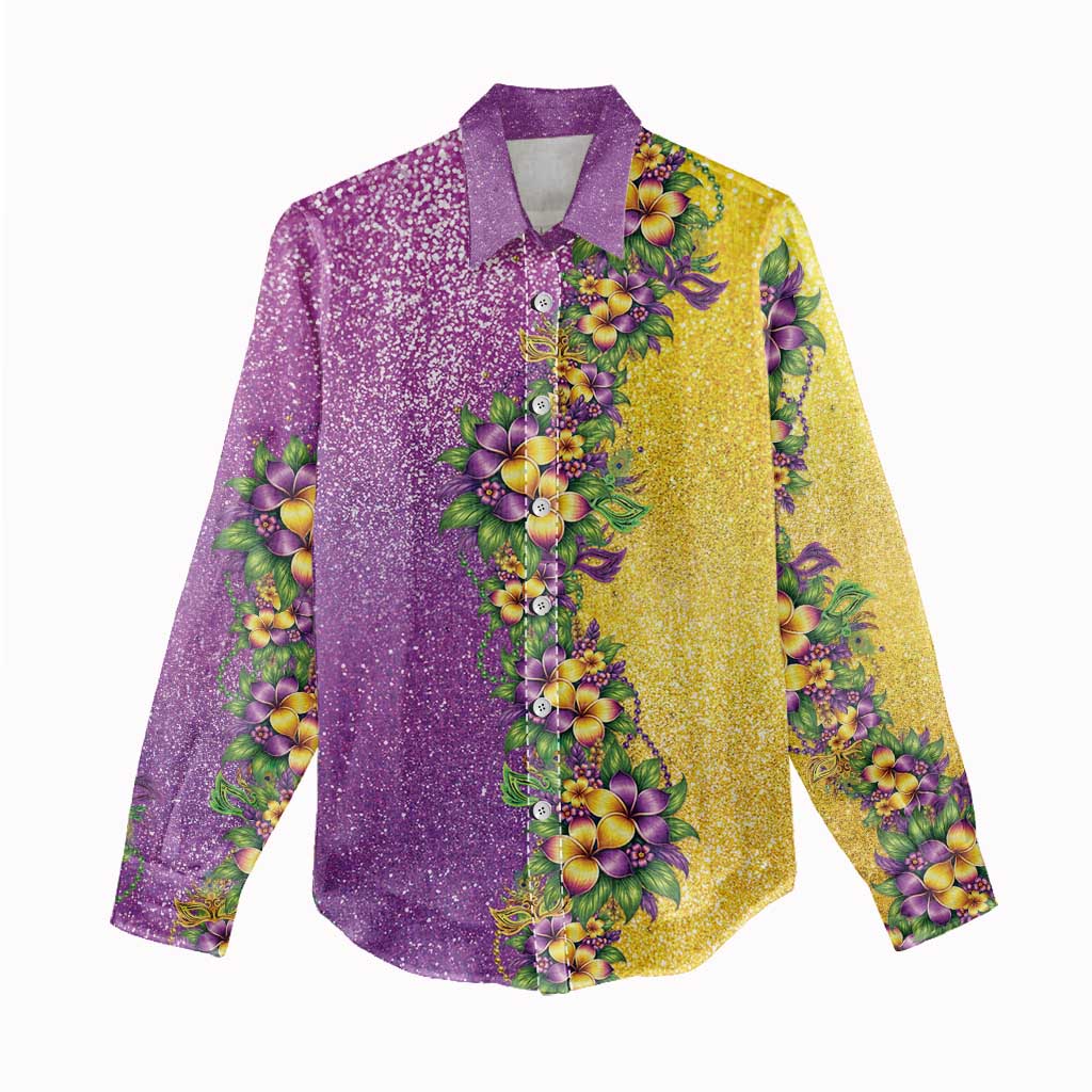 Hawaii Mardi Gras Women Casual Shirt Plumeria Lei Beads Glitter Style LT05 - Polynesian Pride