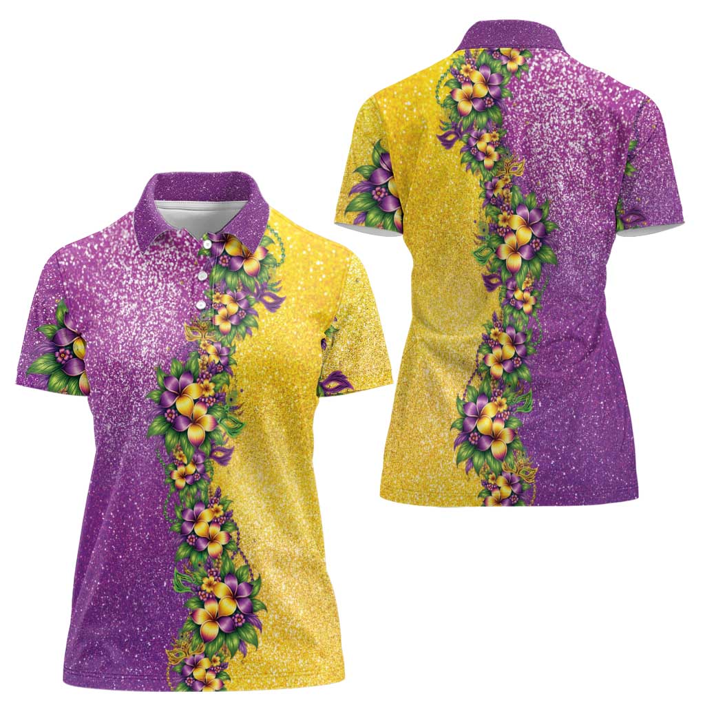 Hawaii Mardi Gras Women Polo Shirt Plumeria Lei Beads Glitter Style LT05 - Polynesian Pride