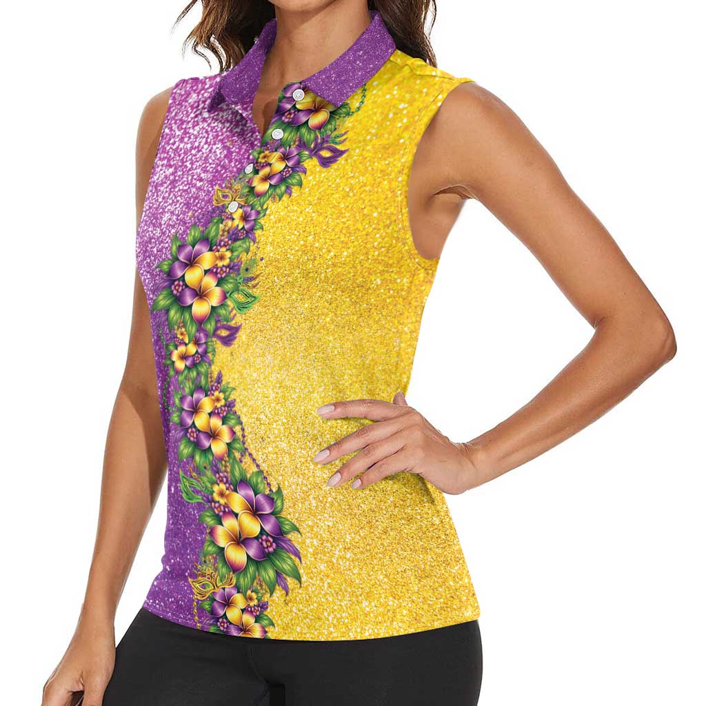 Hawaii Mardi Gras Women Sleeveless Polo Shirt Plumeria Lei Beads Glitter Style