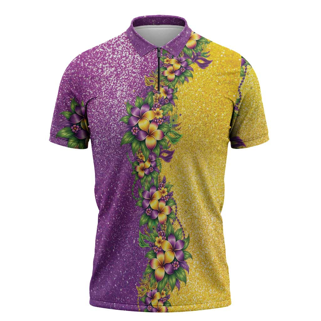 Hawaii Mardi Gras Zipper Polo Shirt Plumeria Lei Beads Glitter Style LT05 Colorful - Polynesian Pride