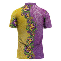 Hawaii Mardi Gras Zipper Polo Shirt Plumeria Lei Beads Glitter Style LT05 - Polynesian Pride