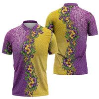 Hawaii Mardi Gras Zipper Polo Shirt Plumeria Lei Beads Glitter Style LT05 - Polynesian Pride