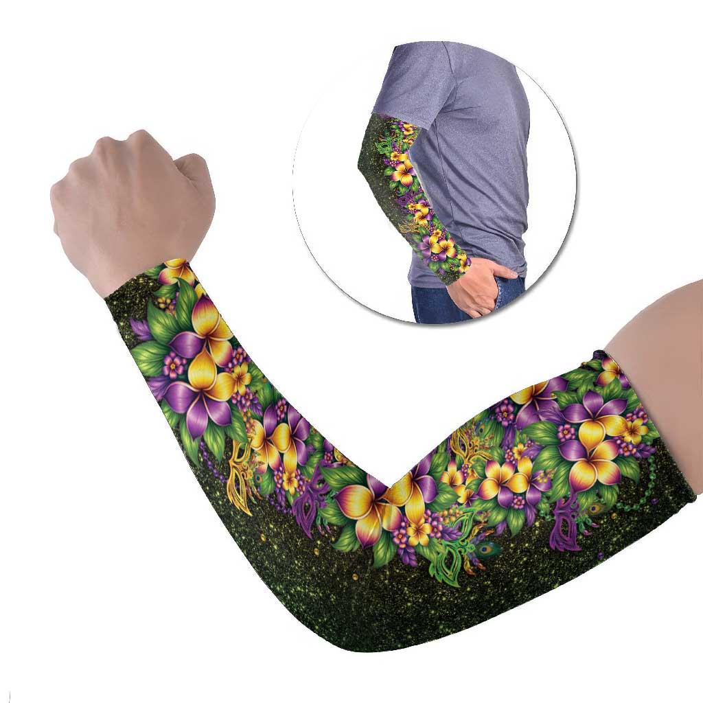 Hawaii Mardi Gras Arm Sleeves Tropical Flowers Glitter Style LT05 Set of 2 Black - Polynesian Pride