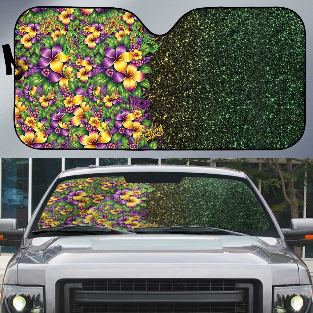 Hawaii Mardi Gras Auto Sun Shade Tropical Flowers Glitter Style LT05 Black - Polynesian Pride