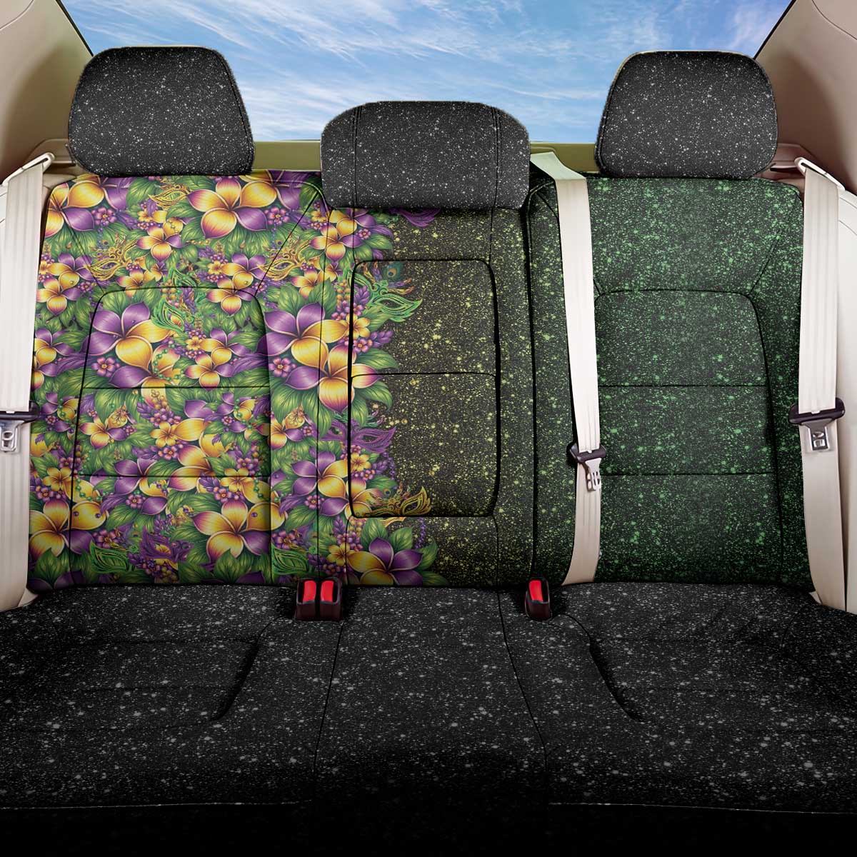 Hawaii Mardi Gras Back Car Seat Cover Tropical Flowers Glitter Style LT05 One Size Black - Polynesian Pride