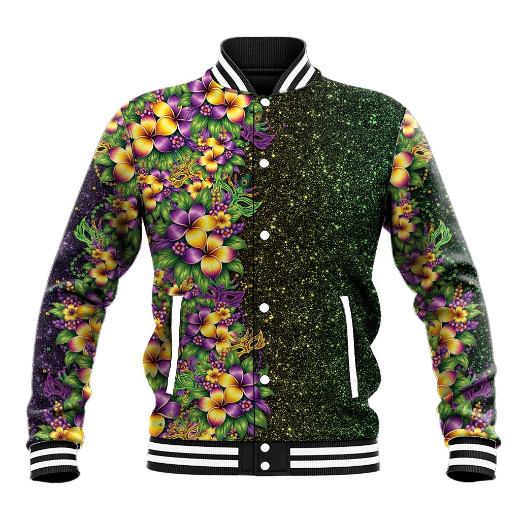 Hawaii Mardi Gras Baseball Jacket Tropical Flowers Glitter Style LT05 Unisex Black - Polynesian Pride