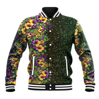 Hawaii Mardi Gras Baseball Jacket Tropical Flowers Glitter Style LT05 Unisex Black - Polynesian Pride