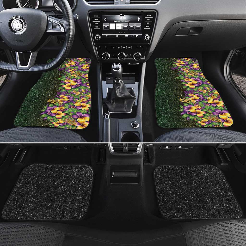 Hawaii Mardi Gras Car Mats Tropical Flowers Glitter Style LT05 Set 4pcs Black - Polynesian Pride