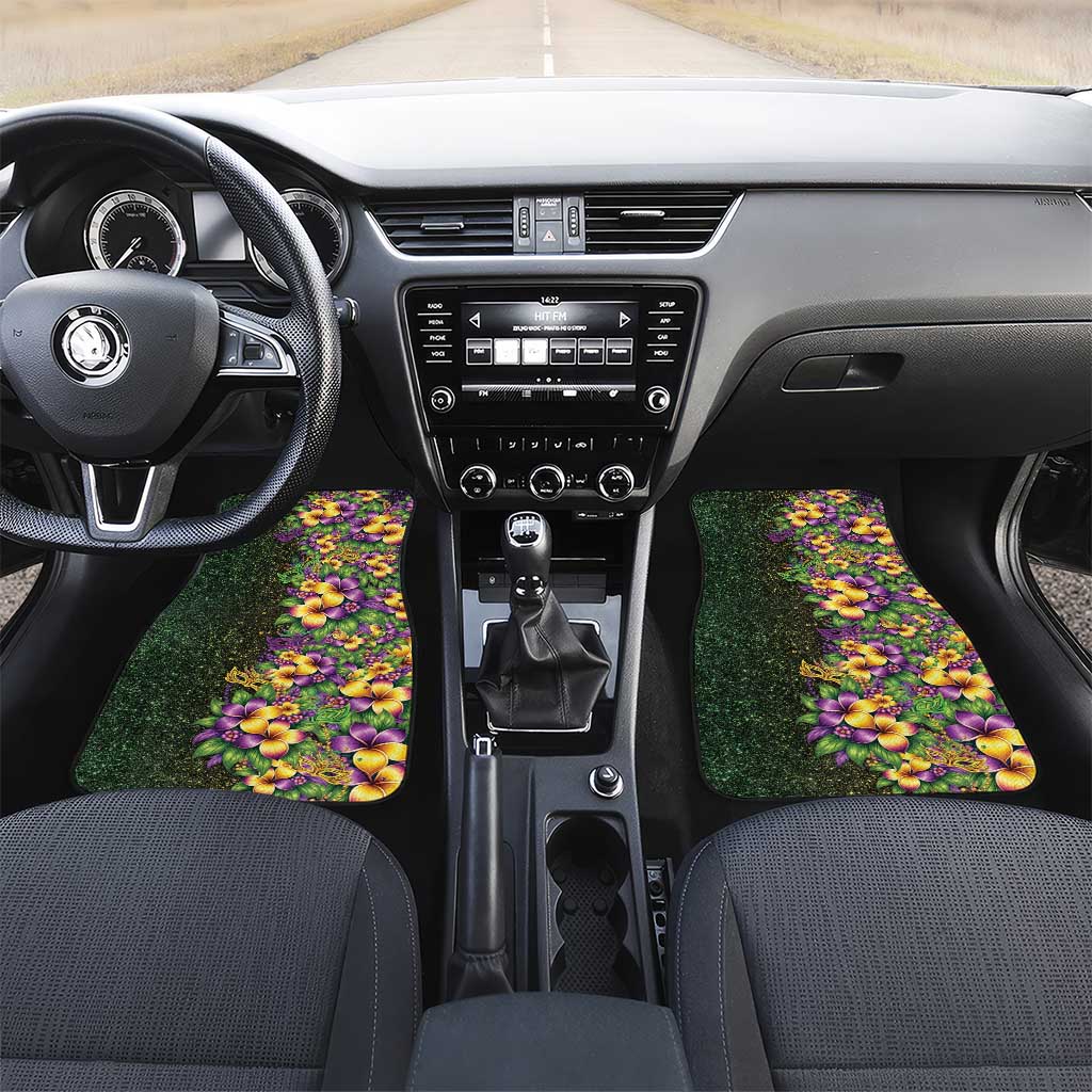 Hawaii Mardi Gras Car Mats Tropical Flowers Glitter Style LT05 Set 2pcs - Front Black - Polynesian Pride