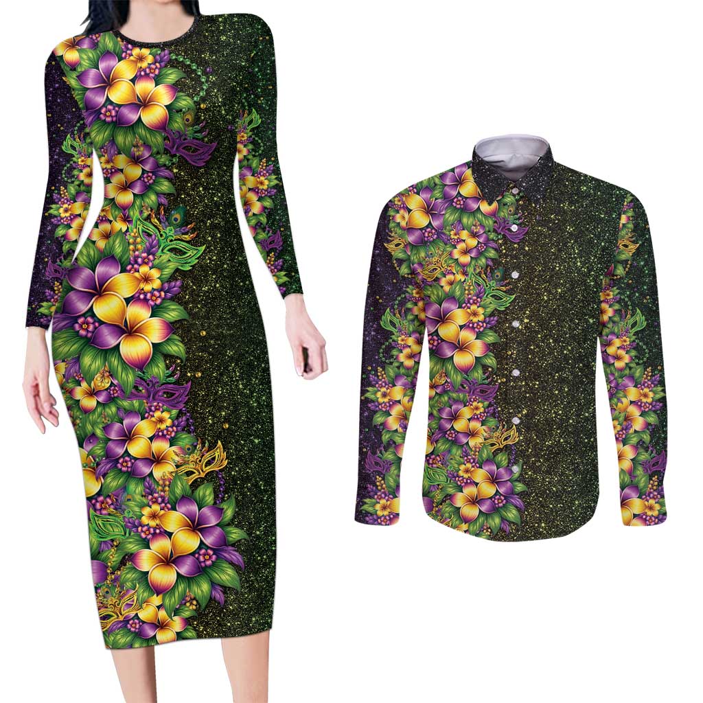 Hawaii Mardi Gras Couples Matching Long Sleeve Bodycon Dress and Long Sleeve Button Shirt Tropical Flowers Glitter Style LT05 Black - Polynesian Pride