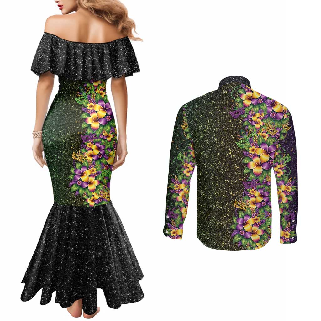 Hawaii Mardi Gras Couples Matching Mermaid Dress and Long Sleeve Button Shirt Tropical Flowers Glitter Style LT05 - Polynesian Pride
