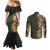 Hawaii Mardi Gras Couples Matching Mermaid Dress and Long Sleeve Button Shirt Tropical Flowers Glitter Style LT05 - Polynesian Pride
