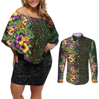 Hawaii Mardi Gras Couples Matching Off Shoulder Short Dress and Long Sleeve Button Shirt Tropical Flowers Glitter Style LT05 Black - Polynesian Pride