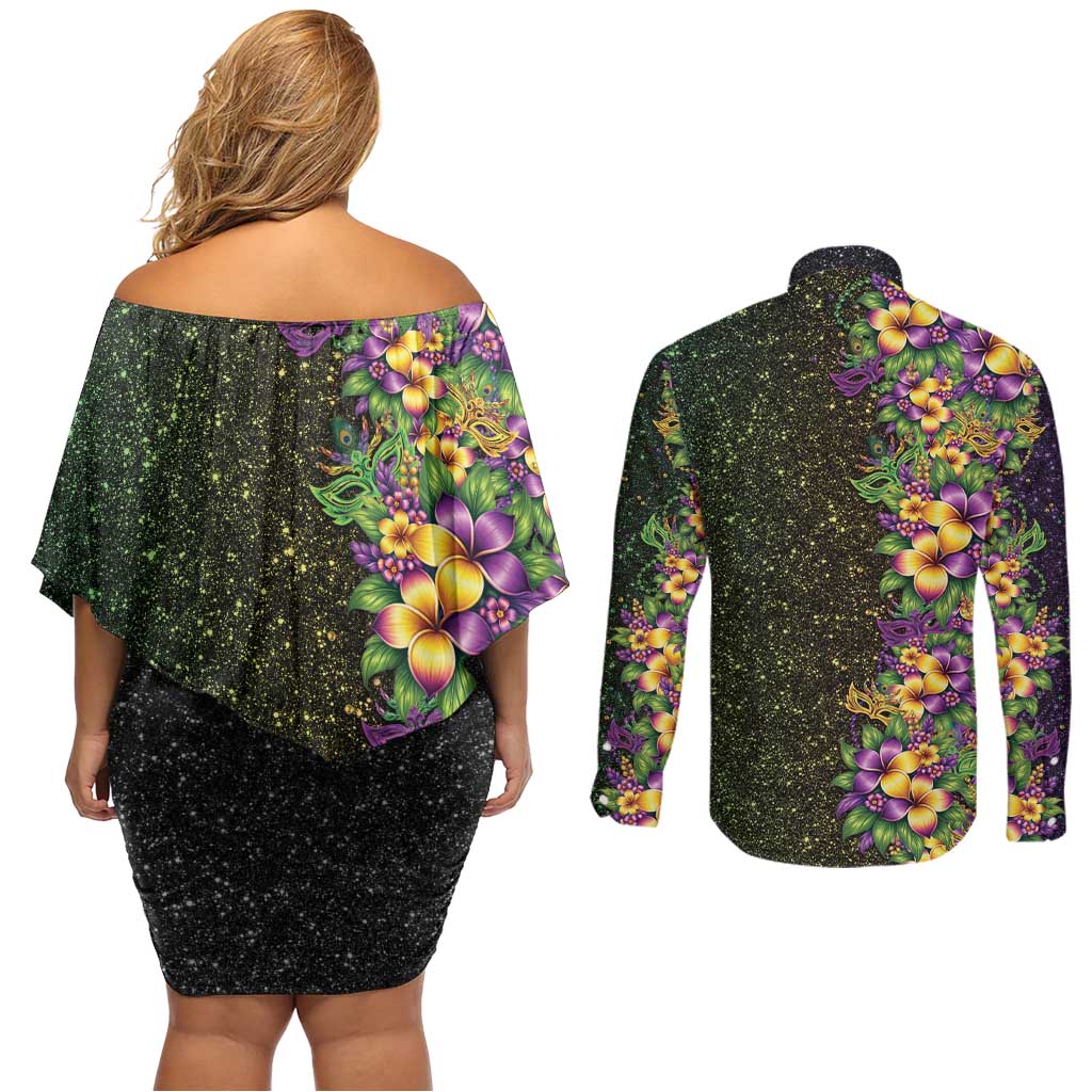 Hawaii Mardi Gras Couples Matching Off Shoulder Short Dress and Long Sleeve Button Shirt Tropical Flowers Glitter Style LT05 - Polynesian Pride