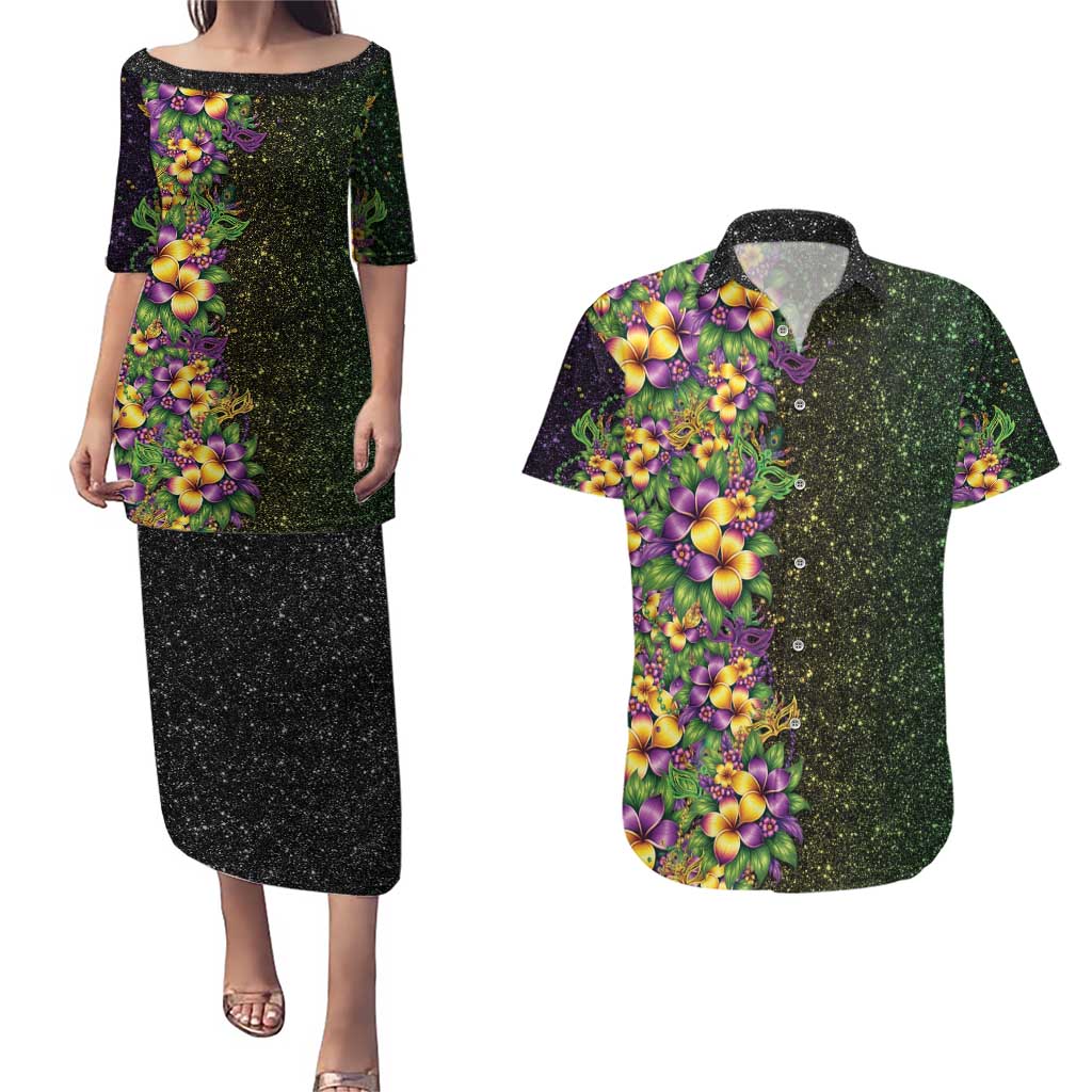 Hawaii Mardi Gras Couples Matching Puletasi and Hawaiian Shirt Tropical Flowers Glitter Style LT05 Black - Polynesian Pride
