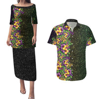 Hawaii Mardi Gras Couples Matching Puletasi and Hawaiian Shirt Tropical Flowers Glitter Style LT05 Black - Polynesian Pride