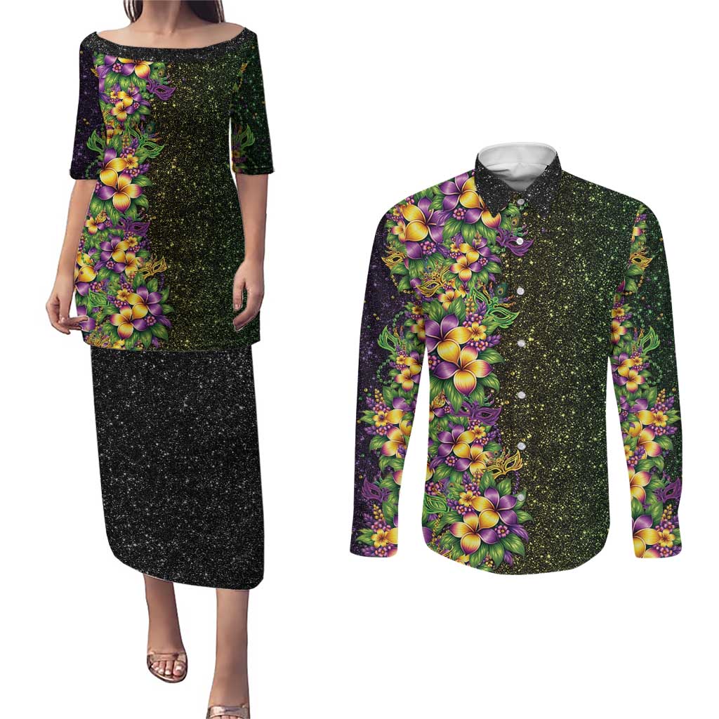 Hawaii Mardi Gras Couples Matching Puletasi and Long Sleeve Button Shirt Tropical Flowers Glitter Style LT05 Black - Polynesian Pride