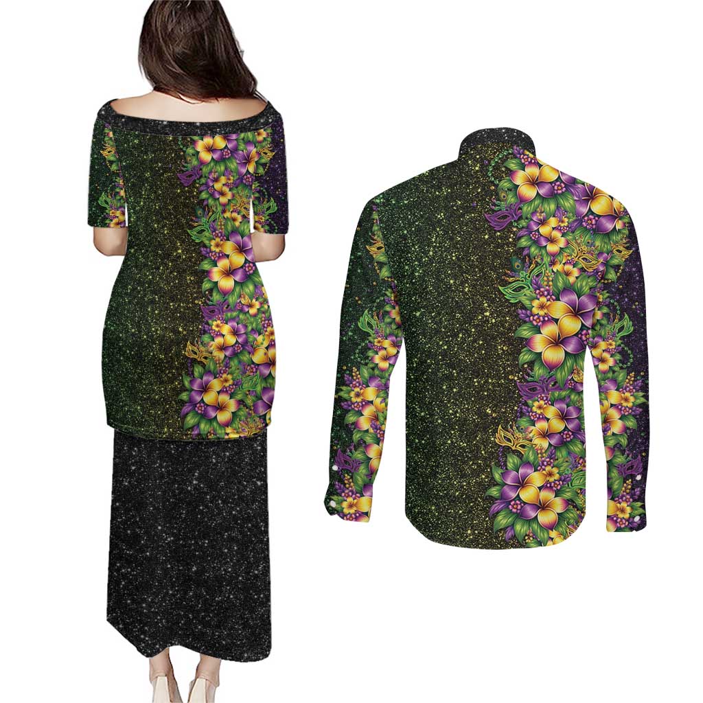 Hawaii Mardi Gras Couples Matching Puletasi and Long Sleeve Button Shirt Tropical Flowers Glitter Style LT05 - Polynesian Pride