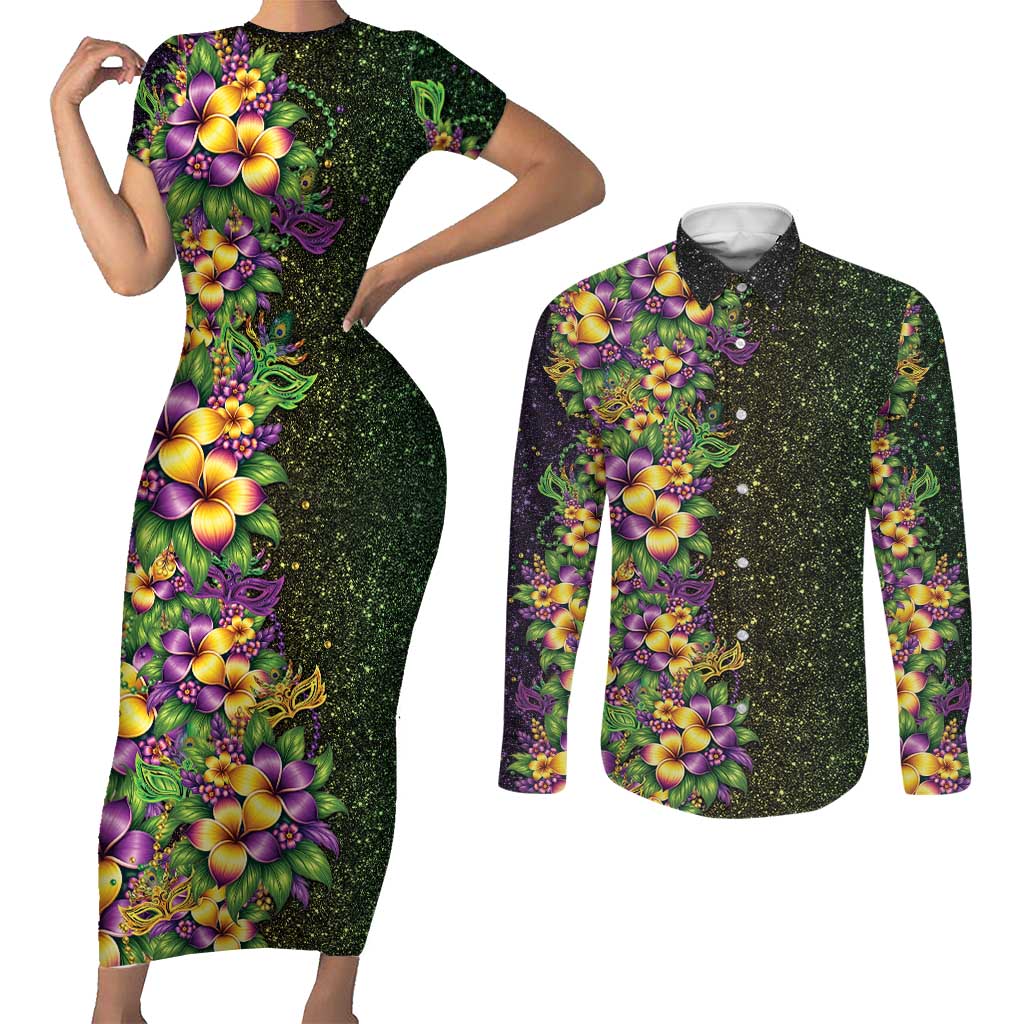 Hawaii Mardi Gras Couples Matching Short Sleeve Bodycon Dress and Long Sleeve Button Shirt Tropical Flowers Glitter Style LT05 Black - Polynesian Pride