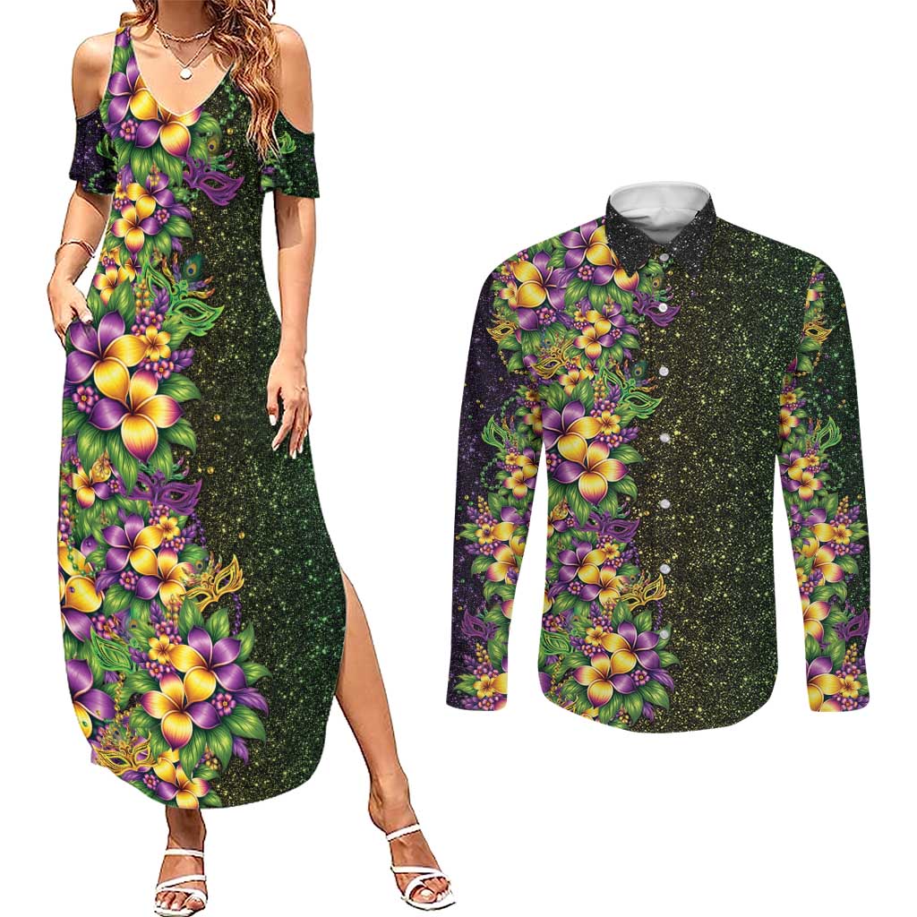 Hawaii Mardi Gras Couples Matching Summer Maxi Dress and Long Sleeve Button Shirt Tropical Flowers Glitter Style LT05 Black - Polynesian Pride