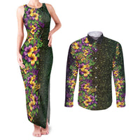 Hawaii Mardi Gras Couples Matching Tank Maxi Dress and Long Sleeve Button Shirt Tropical Flowers Glitter Style