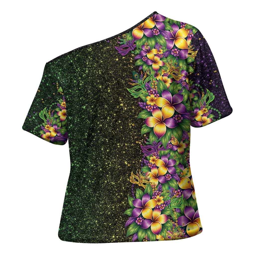 Hawaii Mardi Gras Cross Shoulder Shirt Tropical Flowers Glitter Style LT05 - Polynesian Pride