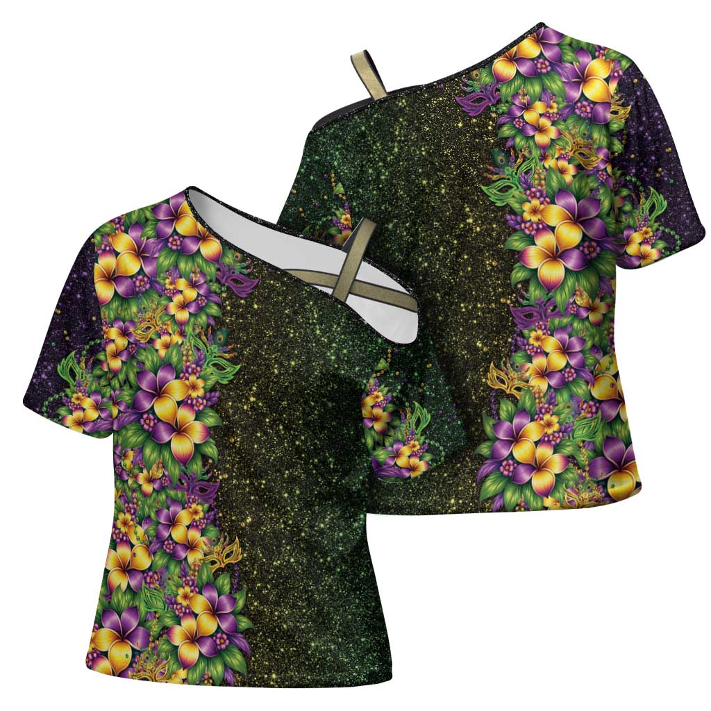 Hawaii Mardi Gras Cross Shoulder Shirt Tropical Flowers Glitter Style LT05 - Polynesian Pride