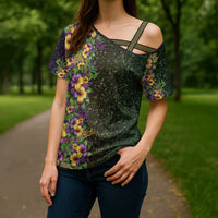 Hawaii Mardi Gras Cross Shoulder Shirt Tropical Flowers Glitter Style LT05 - Polynesian Pride