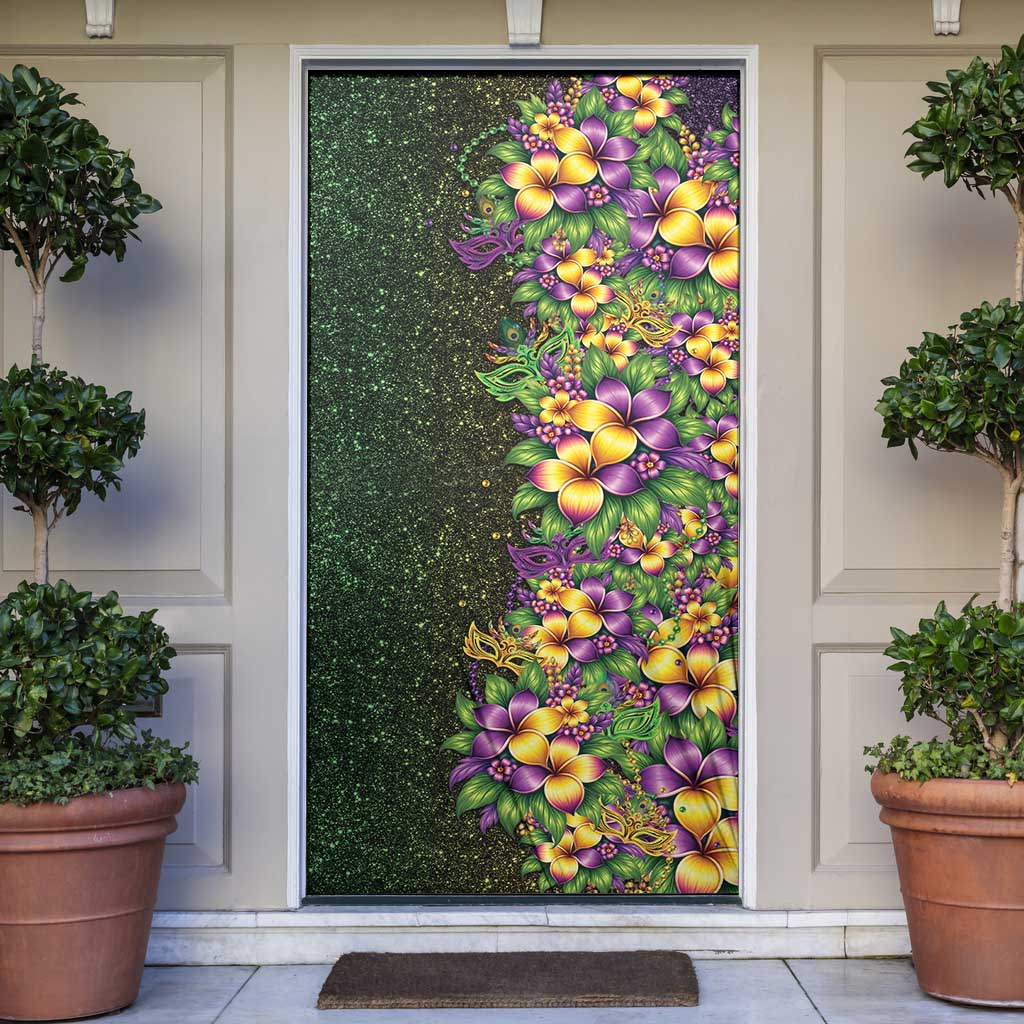 Hawaii Mardi Gras Door Cover Tropical Flowers Glitter Style LT05 Black - Polynesian Pride