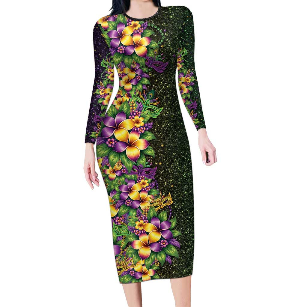 Hawaii Mardi Gras Family Matching Long Sleeve Bodycon Dress and Hawaiian Shirt Tropical Flowers Glitter Style
