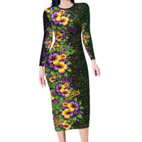 Hawaii Mardi Gras Family Matching Long Sleeve Bodycon Dress and Hawaiian Shirt Tropical Flowers Glitter Style