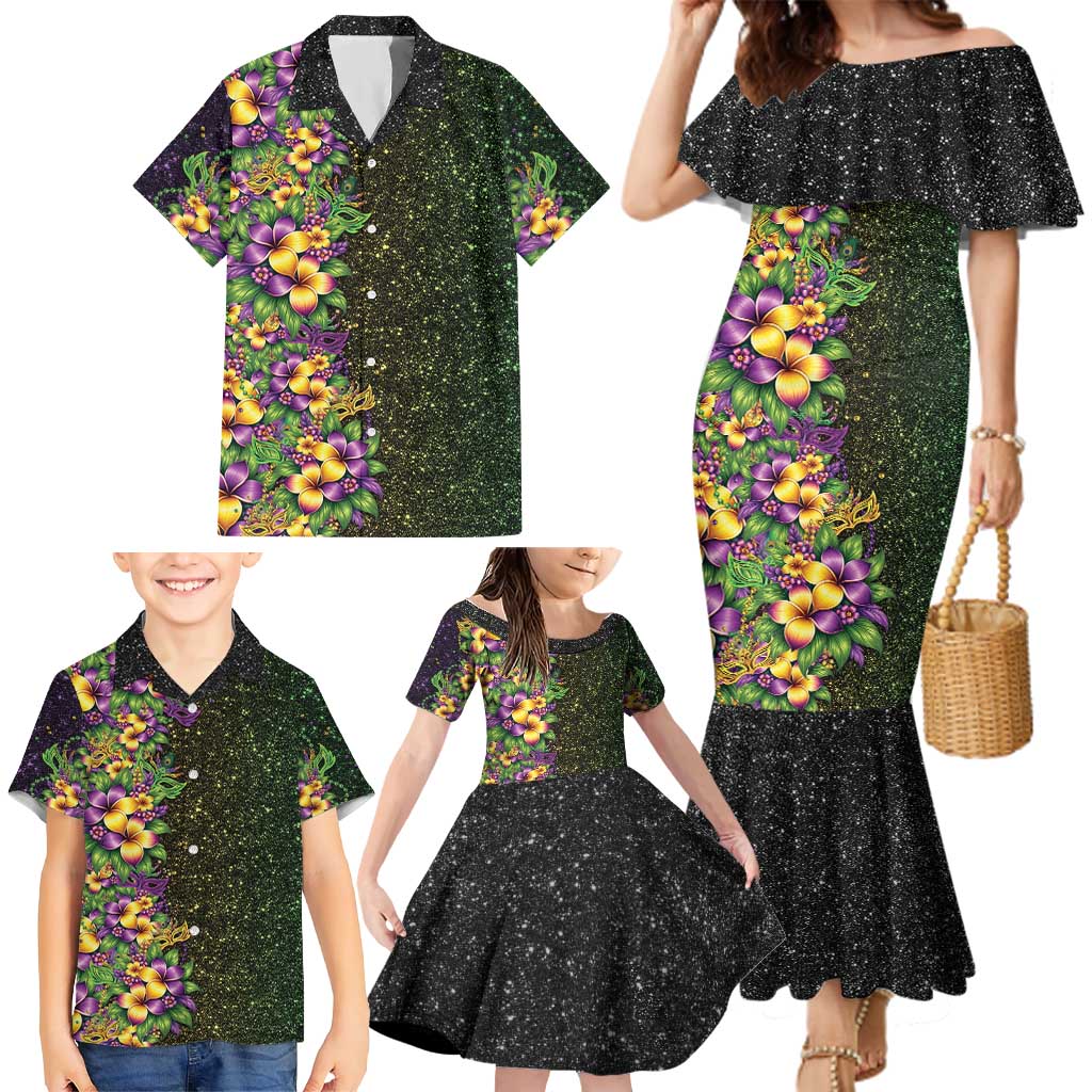 Hawaii Mardi Gras Family Matching Mermaid Dress and Hawaiian Shirt Tropical Flowers Glitter Style
