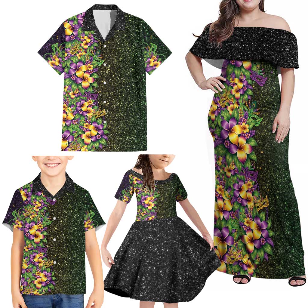 Hawaii Mardi Gras Family Matching Off Shoulder Maxi Dress and Hawaiian Shirt Tropical Flowers Glitter Style