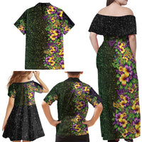 Hawaii Mardi Gras Family Matching Off Shoulder Maxi Dress and Hawaiian Shirt Tropical Flowers Glitter Style