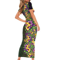 Hawaii Mardi Gras Family Matching Short Sleeve Bodycon Dress and Hawaiian Shirt Tropical Flowers Glitter Style