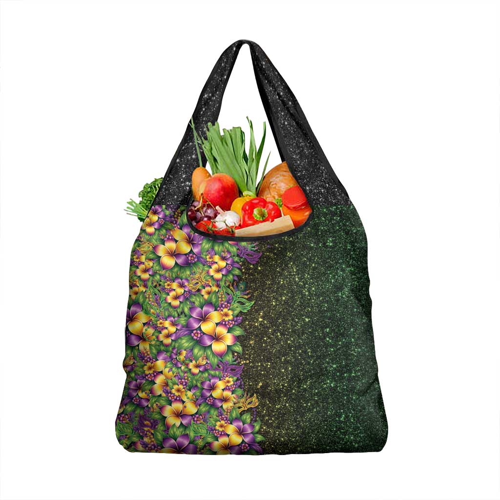 Hawaii Mardi Gras Grocery Bag Tropical Flowers Glitter Style LT05 1-pack One Size Black - Polynesian Pride