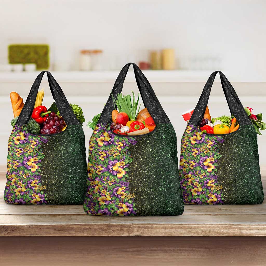 Hawaii Mardi Gras Grocery Bag Tropical Flowers Glitter Style LT05 3-pack One Size Black - Polynesian Pride