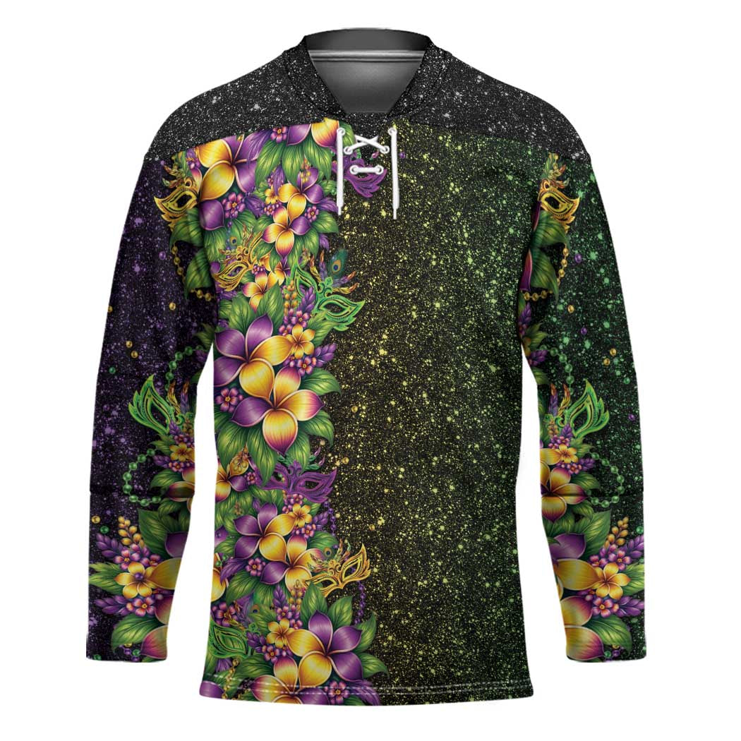 Hawaii Mardi Gras Hockey Jersey Tropical Flowers Glitter Style LT05 Unisex Black - Polynesian Pride