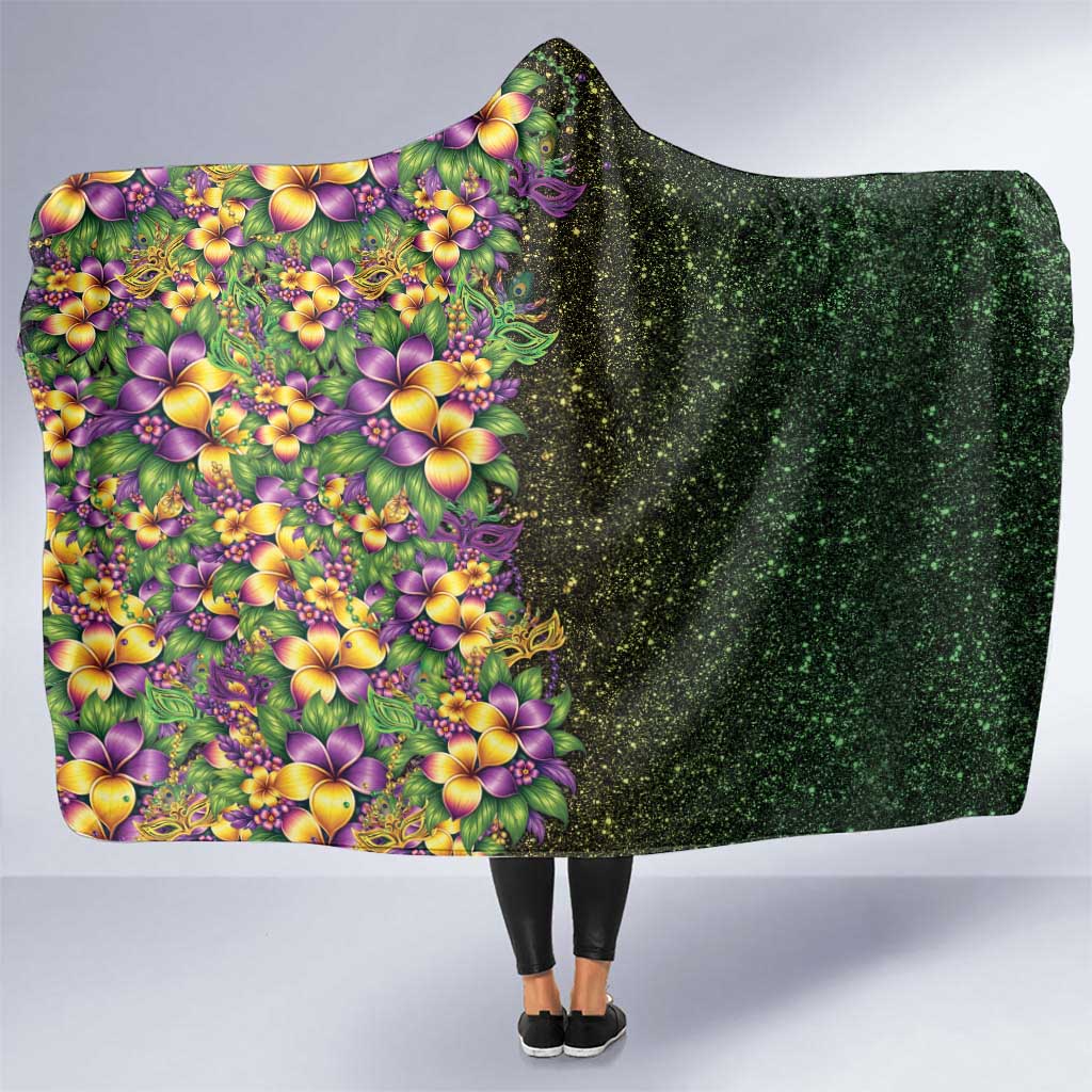 Hawaii Mardi Gras Hooded Blanket Tropical Flowers Glitter Style LT05 One Size Black - Polynesian Pride