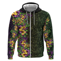 Hawaii Mardi Gras Hoodie Tropical Flowers Glitter Style LT05 Zip Hoodie Black - Polynesian Pride