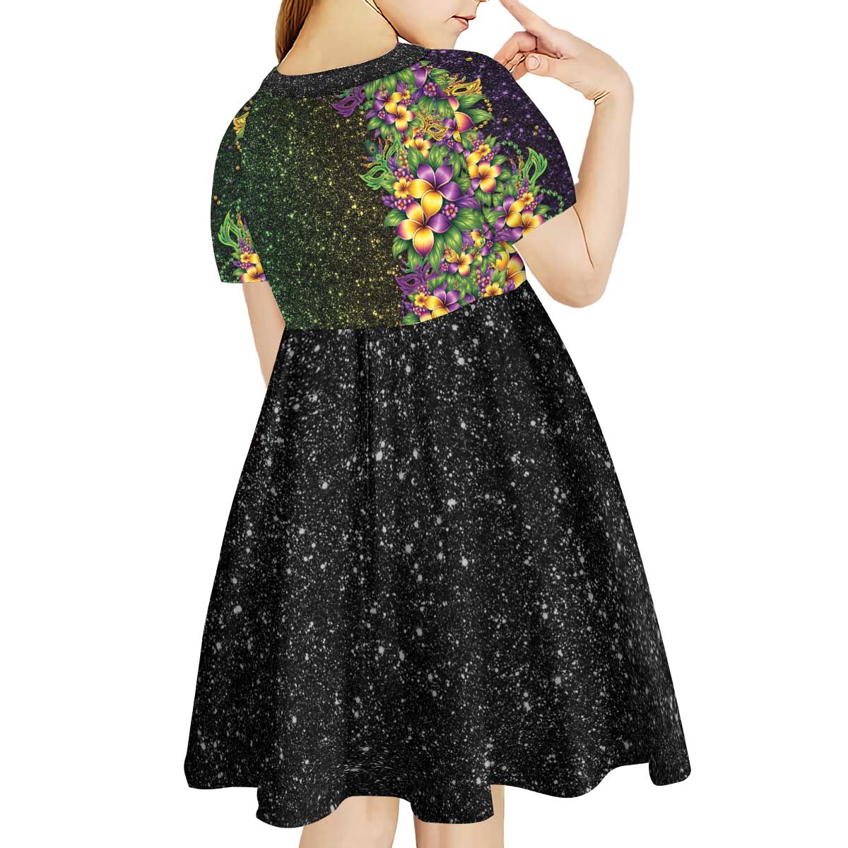 Hawaii Mardi Gras Kid Short Sleeve Dress Tropical Flowers Glitter Style LT05 - Polynesian Pride