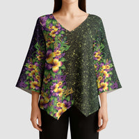 Hawaii Mardi Gras Kimono Sleeve Blouse Tropical Flowers Glitter Style LT05 - Polynesian Pride