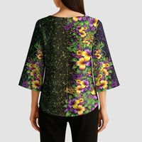 Hawaii Mardi Gras Kimono Sleeve Blouse Tropical Flowers Glitter Style LT05 - Polynesian Pride